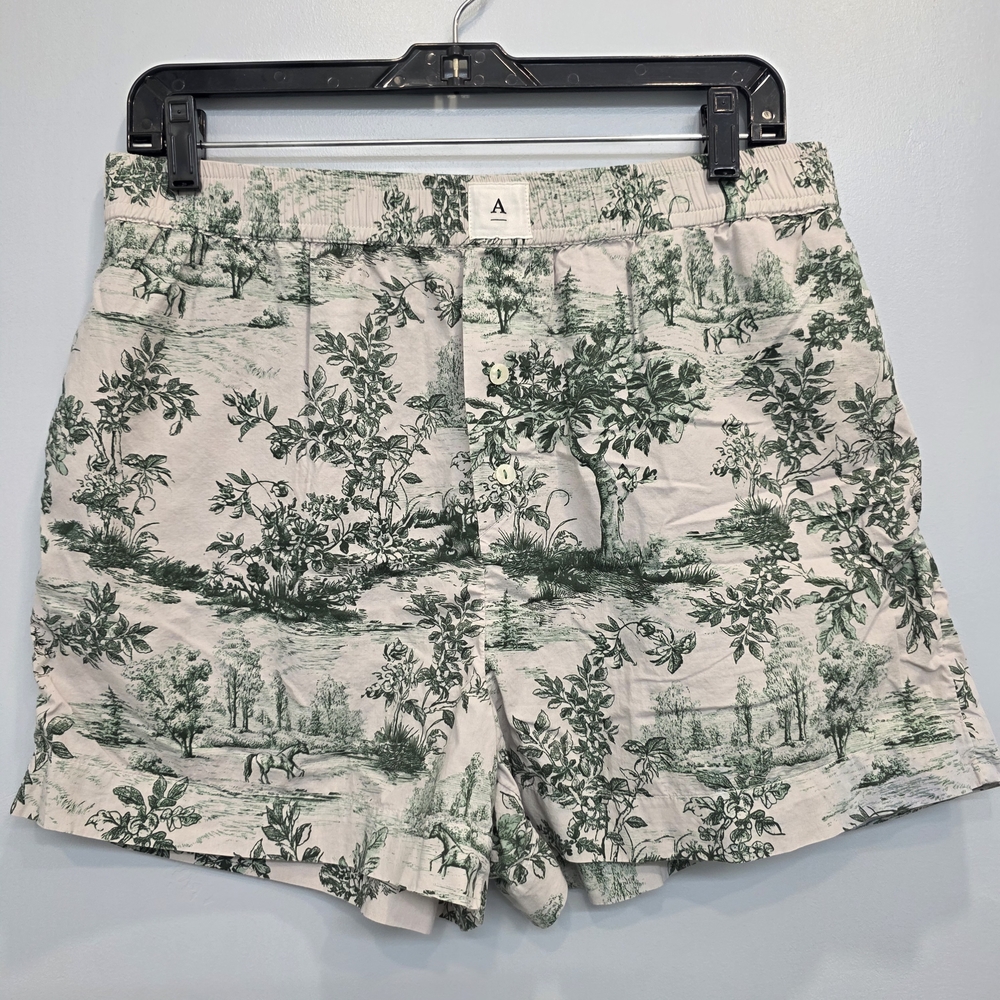 Anthropologie The Wren Boxer Shorts in the green motif print.